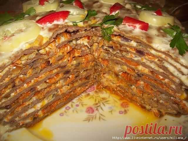 Вкусный печёночный торт.