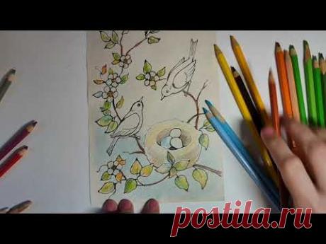 Рисуем открытку с птичками в старинном стиле. Часть 3