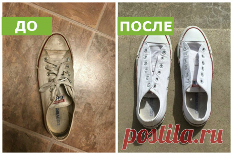 Один из самых популярных постов был посвящен кедам, которые можно отмыть с помощью пищевой соды и небольшого количества стирального порошка. Сперва нужно смыть основную грязь с обуви. Смешать в равных пропорциях соду и порошок, обработать грязные поверхности этой пастой, используя зубную щетку, смыть еще раз, а затем положить кеды стираться в машину. Результат будет идеальным.
