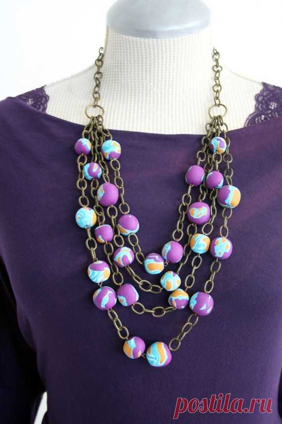 Multi Strand Statement Necklace, Chunky Jewelry, Polymer clay necklace, Jewel Tone, Fall Fashion Necklace