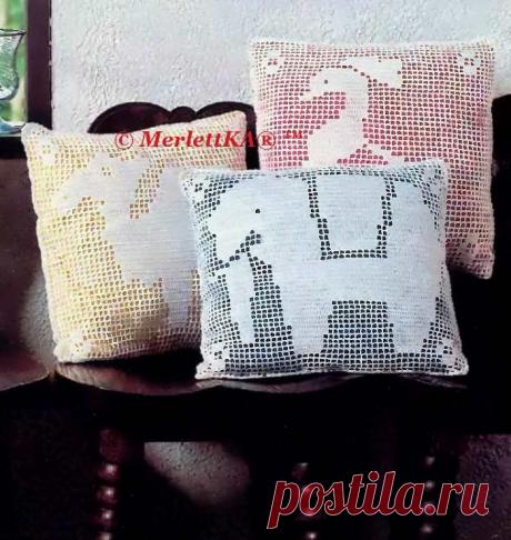 Подушки &quot; Зоопарк&quot; в технике филе - вязание крючком