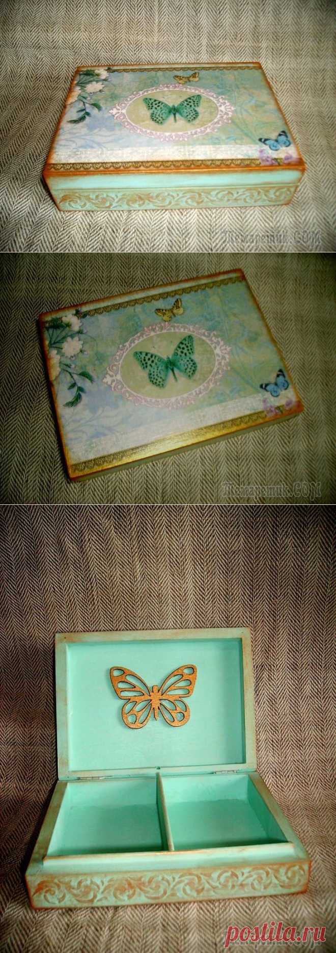 Шкатулка, декупаж, трафарет,золочение акриловой краской