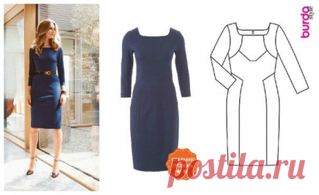 Платье-футляр с прямоугольным вырезом горловины из Burda 8/2015
