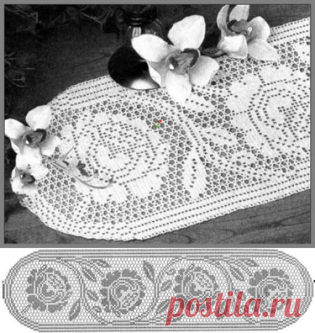 ФИЛЕЙНОЕ ВЯЗАНИЕ, ДОРОЖКА С РОЗАМИ.