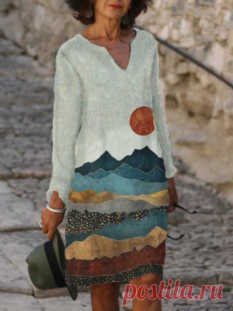 Vintage Floral Printed V-Neckline Long Sleeves Casual Dresses - US$16.99