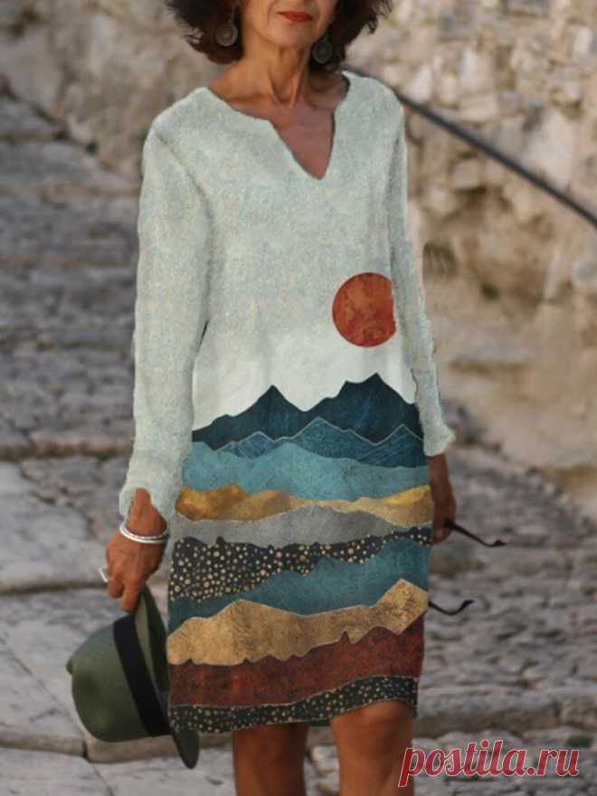 Vintage Floral Printed V-Neckline Long Sleeves Casual Dresses - US$16.99