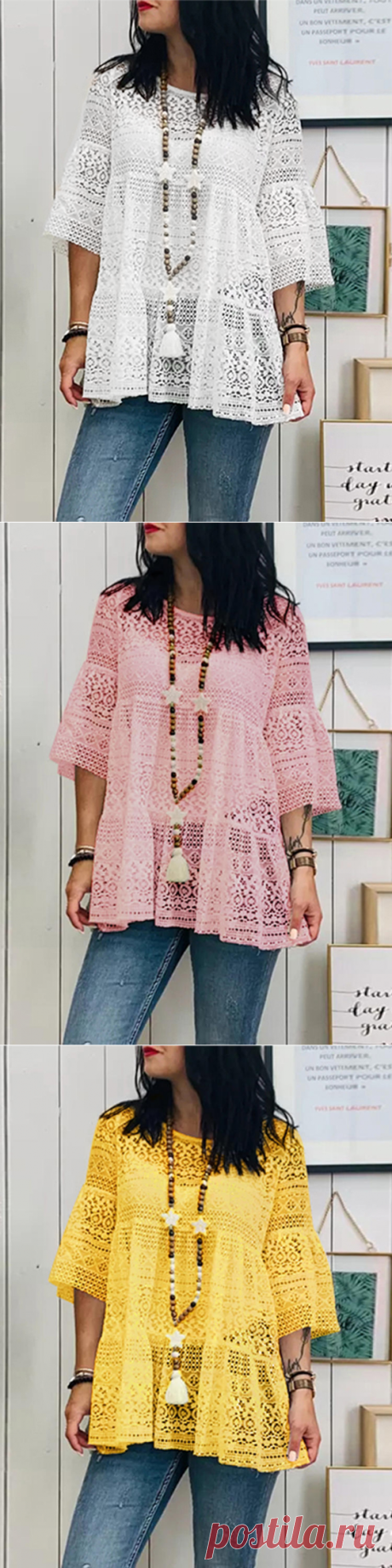 lace crochet hollow out round neck blouse
