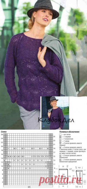 Мохеровый пуловер с ажурным узором. Вязаный спицами пуловер для женщин