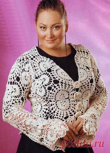 Жакет из ажурных мотивов. Модели для полных, связанные крючком