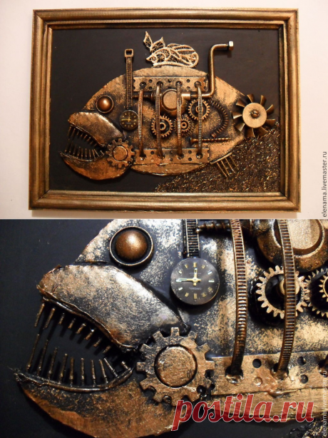 Купить Механическая картина &quot;Очень хищная рыба&quot; - золотой, рыба, стимпанк, steampunk, модный подарок