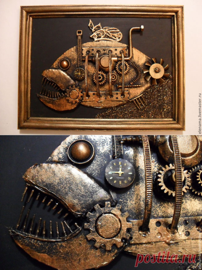 Купить Механическая картина "Очень хищная рыба" - золотой, рыба, стимпанк, steampunk, модный подарок