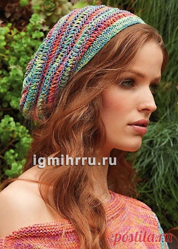 Стильная летняя шапочка с полосами. Вязание спицами