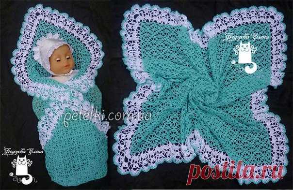 Автор - Елена Федорова
Пряжа Сосо, крючок №2. Размер 95x95 см. Ушл около 280 гр голубого и около 100 гр белого цвета.