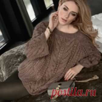 Красивый шоколадный джемпер с патентными узорами и «косами»