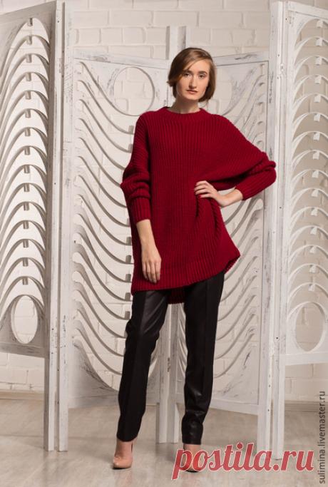 Купить Роскошный теплый джемпер-туника БОРДО - бордовый, однотонный, шерсть меринос, шерсть 100%