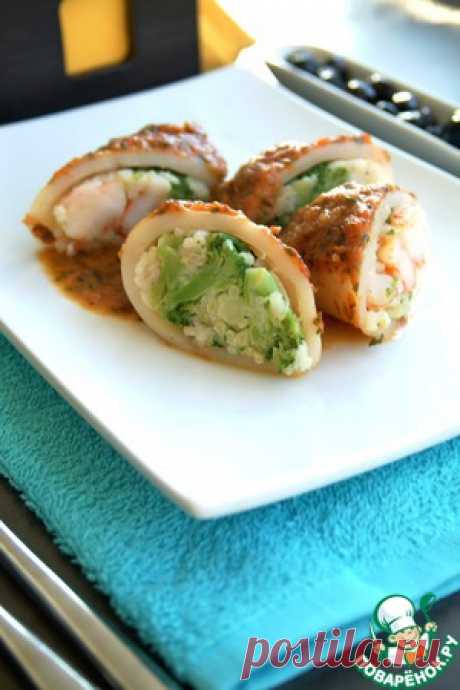 Кальмары с рисом, креветками и брокколи - кулинарный рецепт
