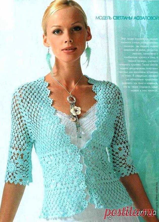Красивый бирюзовый ажурный жакет крючком. Описание, схемы