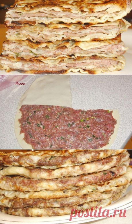 ЛЕПЕШКИ КИТАЙСКИЕ - С МЯСНЫМ ФАРШЕМ !!!  **Тесто: мука 400г, теп/вода 240мл -замеси, и под плёнку. *Начинка: фарш мясной 800г,  св/имбирь 1ст/л -тёрка, прес/чеснок 4зуб, соев/соус 4ст/л, водка 2ст/л, соль, перец. *Тесто и фарш -на 8частей. *Тесто в круг  d=22см, начинка на 3/4ч. Сделай надрез, и накрой 1/4 начинки, и сверни ещё раз, слепи края. *В сухую сковороду -жарь с 2-х сторон под крышкой. *Подача: горячие смажь сливочным растопл/маслом.  //Овкусе.ру