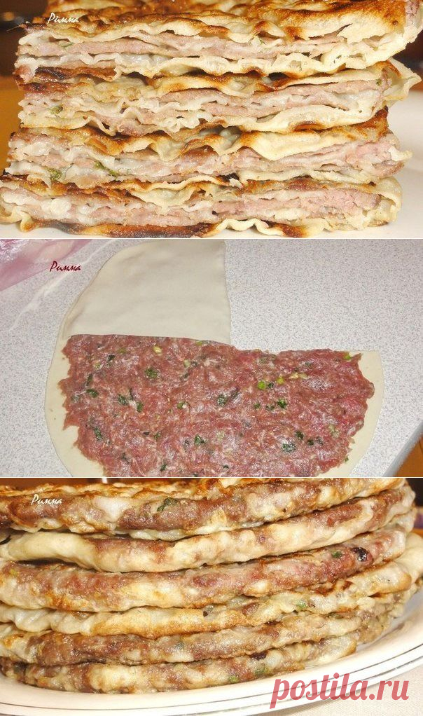 ЛЕПЕШКИ КИТАЙСКИЕ - С МЯСНЫМ ФАРШЕМ !!!  **Тесто: мука 400г, теп/вода 240мл -замеси, и под плёнку. *Начинка: фарш мясной 800г,  св/имбирь 1ст/л -тёрка, прес/чеснок 4зуб, соев/соус 4ст/л, водка 2ст/л, соль, перец. *Тесто и фарш -на 8частей. *Тесто в круг  d=22см, начинка на 3/4ч. Сделай надрез, и накрой 1/4 начинки, и сверни ещё раз, слепи края. *В сухую сковороду -жарь с 2-х сторон под крышкой. *Подача: горячие смажь сливочным растопл/маслом.  //Овкусе.ру