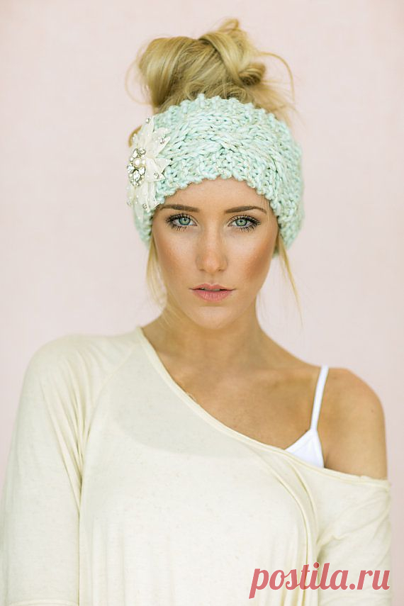 Mint Cable Knitted Headband Jeweled Ear Warmer by ThreeBirdNest