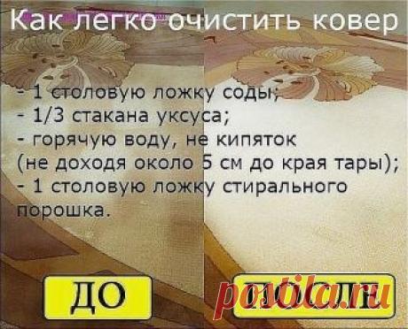 Как легко очистить ковер

Чтобы сократить траты на средства для мытья ковров, которые нам предлагают купить в магазинах, давайте сделаем средство для мытья ковров сами. Это средство будет в разы дешевле, без бесконечного списка химии с составе и самое главное - оно будет чистить. 

Итак, нам понадобится пустая тара среднего размера с распылителем, в которую мы добавим: 
- 1 столовую ложку соды; 
- 1/3 стакана уксуса; 
- горячую воду, не кипяток (не доходя около 5 см до кра...