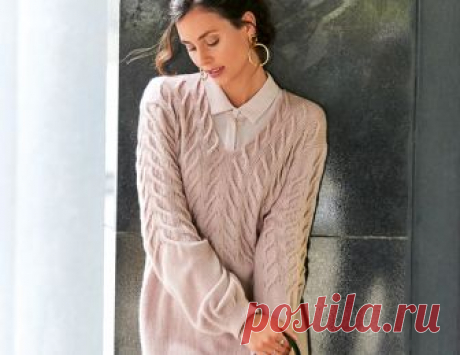 Удлиненный пуловер с узором из «кос» - схема вязания спицами. Вяжем Пуловеры на Verena.ru Схема и описание вязания на спицах удлиненного пуловера с узором из «кос» из журнала «Сабрина» №10/2018