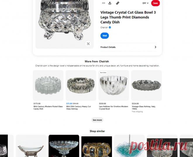 Vintage Crystal Cut Glass Bowl 3 Legs Thumb Print Diamonds Candy Dish | Chairish