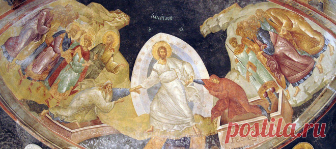 Воскресение - Сошествие во ад. Фреска храма монастыря Хора. 14 век. Константинополь. Византия.