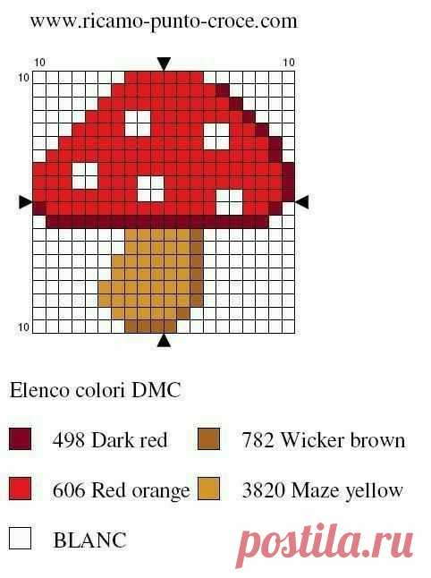 a cross stitch pattern with a red mushroom on it's face and the words eleno color dmc