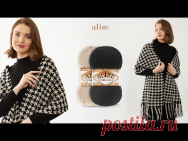 Шаль с узором «гусиная лапка» и пряжей Alize Angora Gold