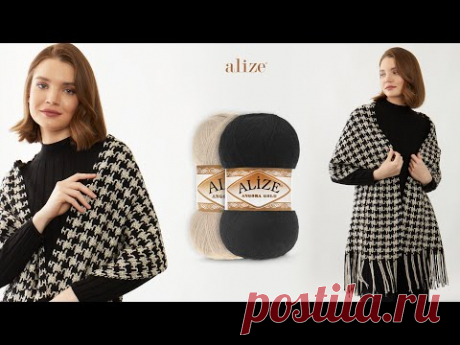 Шаль с узором «гусиная лапка» и пряжей Alize Angora Gold