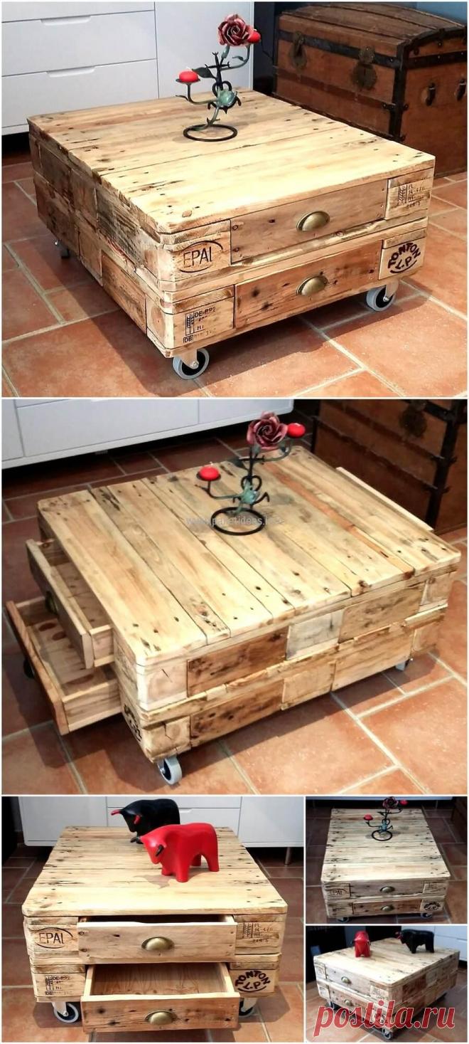 Little Pallets Coffee Table on Wheels with Drawers | Pallet Ideas