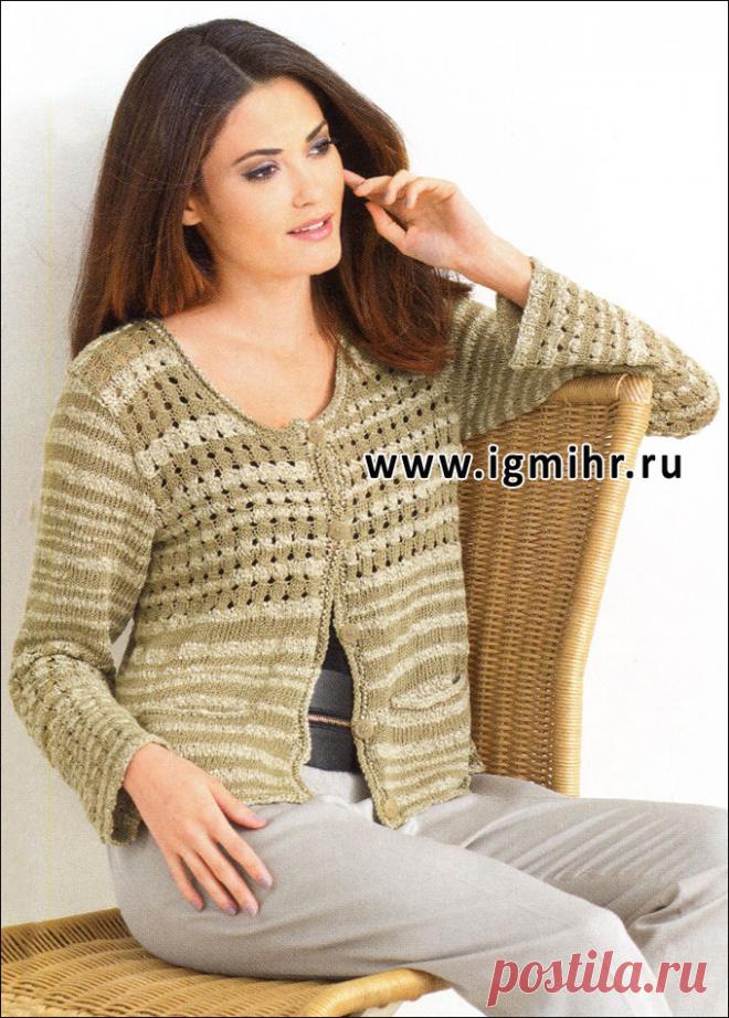 Модный классический жакет с ажурной кокеткой и карманами. Спицы