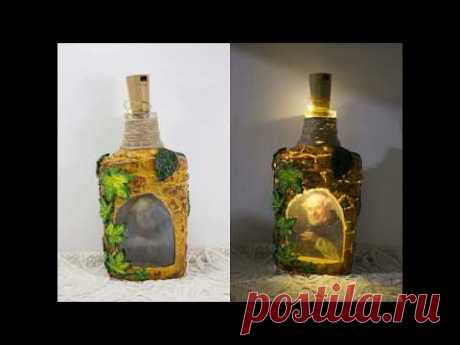 #65 decoupage tutorial - how to decoupage glass bottle with reverse decoupage into lamp