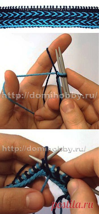 Красивый прием вязания спицами двухцветной косички.