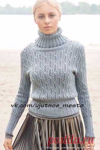 Свитер спицами

Размеры свитера: 42/44,46/48 и 50/52

Вам потребуется: 400 (450, 500) грамм серо-голубой (цвет 25) пряжи Cool Wool Cashmere Lana Grossa, состоящей из 90 % шерсти мерино, 10 % кашемира, длиной нити 160 метров в 50 граммах; прямые спицы № 3,5 и 4, круговые спицы № 4 длиной 40 см, 1 спица для кос.

Резинка: попеременно вязать 2 изнаночные, 2 лицевые петли. 

Основной узор: число петель кратно 12 + 6 + кромочная петля. Смотрите схему. На ней отображены только л...