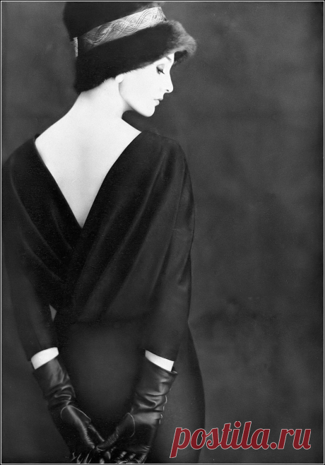 Joy Weston in black silk and wool dress with draped V back… | Flickr