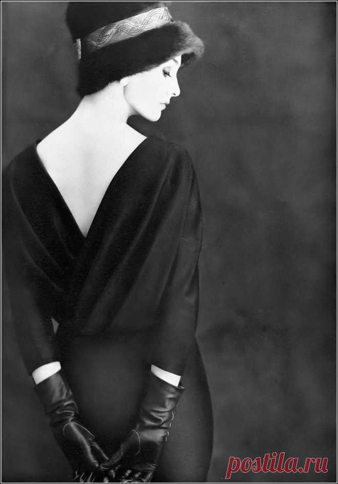 Joy Weston in black silk and wool dress with draped V back… | Flickr