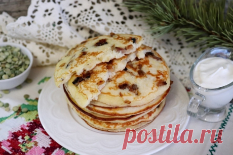 Гороховые блины "русские" с припёком из сала, грибов и лукаKoolinar.ru – более 120 000 рецептов с фотографиями.