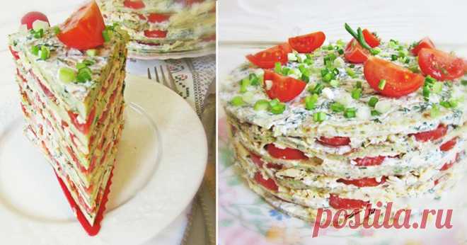 Закусочный летний торт из кабачков, помидоров и сыра