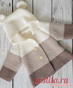 Куртка для малыша с капюшоном Курточку для малыша можно связать спицами достаточно быстро. Такую куртку лучше сделать с капюшоном, ведь капюшон достаточно практичная вещь, за что он особенно любим взрослыми и детьми.