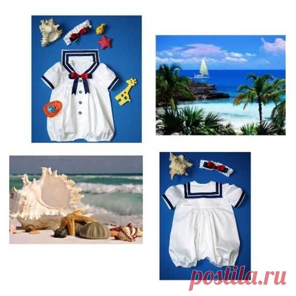 Бодик для самых маленьких морячек выполнен из итальянского хлопка стрейтч, рукавчики-фонарики и воротничок декорированы темно-синей репсовой лентой, на воротничке маленький двойной бант из темно-синей и красной репсовых лент, аналогичный бантик на повязочке. Под бантом потайная кнопочка. На полочке застежка - разноцветные пуговки с якорями (красные и синие/синие). Проймы для ножек на кулиске с тоненькой резиночкой, между ножек застежка на белые пуговки, для удобной смены подгузника.