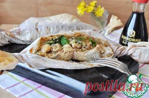 Палтус с гребешками в чесночно-сливочном соусе - кулинарный рецепт