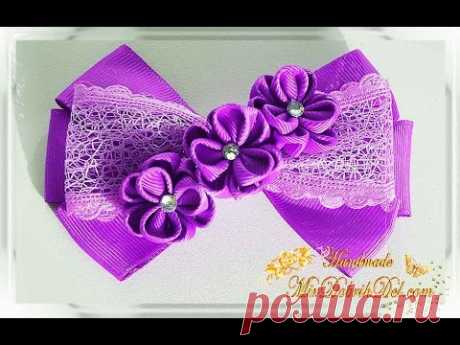 🎀 БАНТИК КАНЗАШИ с цветами из репсовой ленты | DIY Kanzashi Hair Bow