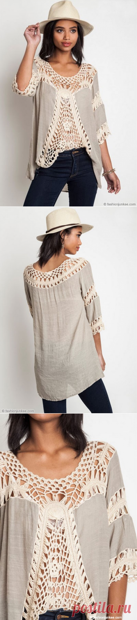 Bohemian Round Neck 3/4 Sleeve Crochet Front Tunic Top-Taupe