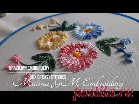 Brazilian embroidery | mix of Chain & Cast-on stitches | Floral Embroidery
