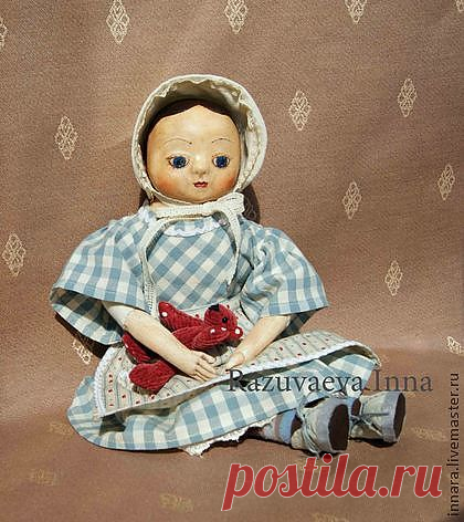 Кукла в старинном стиле "С мишкой". - голубой,старинная кукла,старинная игрушка