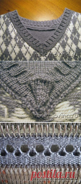 Урок вязания на машине. Обработка V-горловины с кеттлевкой в карман на вязальной машине.