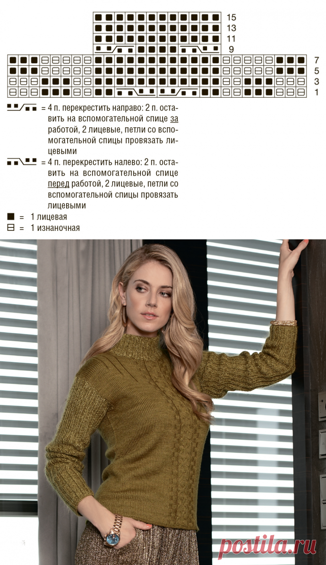 Свитер цвета охры с рельефными «косами» - схема вязания спицами. Вяжем Свитеры на Verena.ru