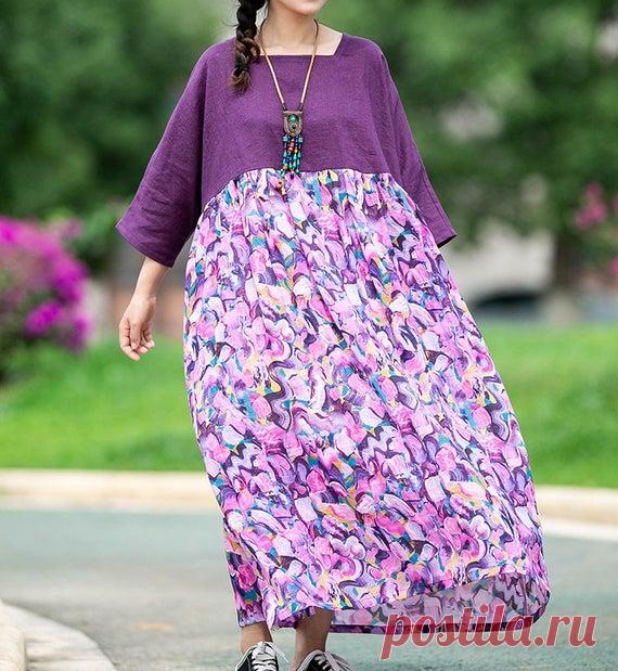 Women purple Maxi Dresses bat Sleeves dress Women's | Etsy 【Fabric】 Linen fabric, has excellent breathability, moisture absorption, refreshing and moisture removal.  【Cloth characteristics】 The solid color fabric is linen, the printed fabric is ramie, 3/4 sleeves, high waist, square collar, large swing, and pockets on both sides. season summer This dress is